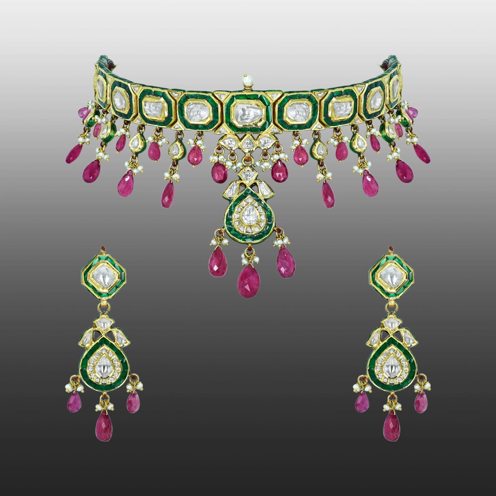 Polki Choker Set with Green Enamel, Tourmaline, and Pearls